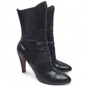 Alaïa Black High Rise Ankle Boots Perforated Trim Leather Size 38.5 Boho Cowboy